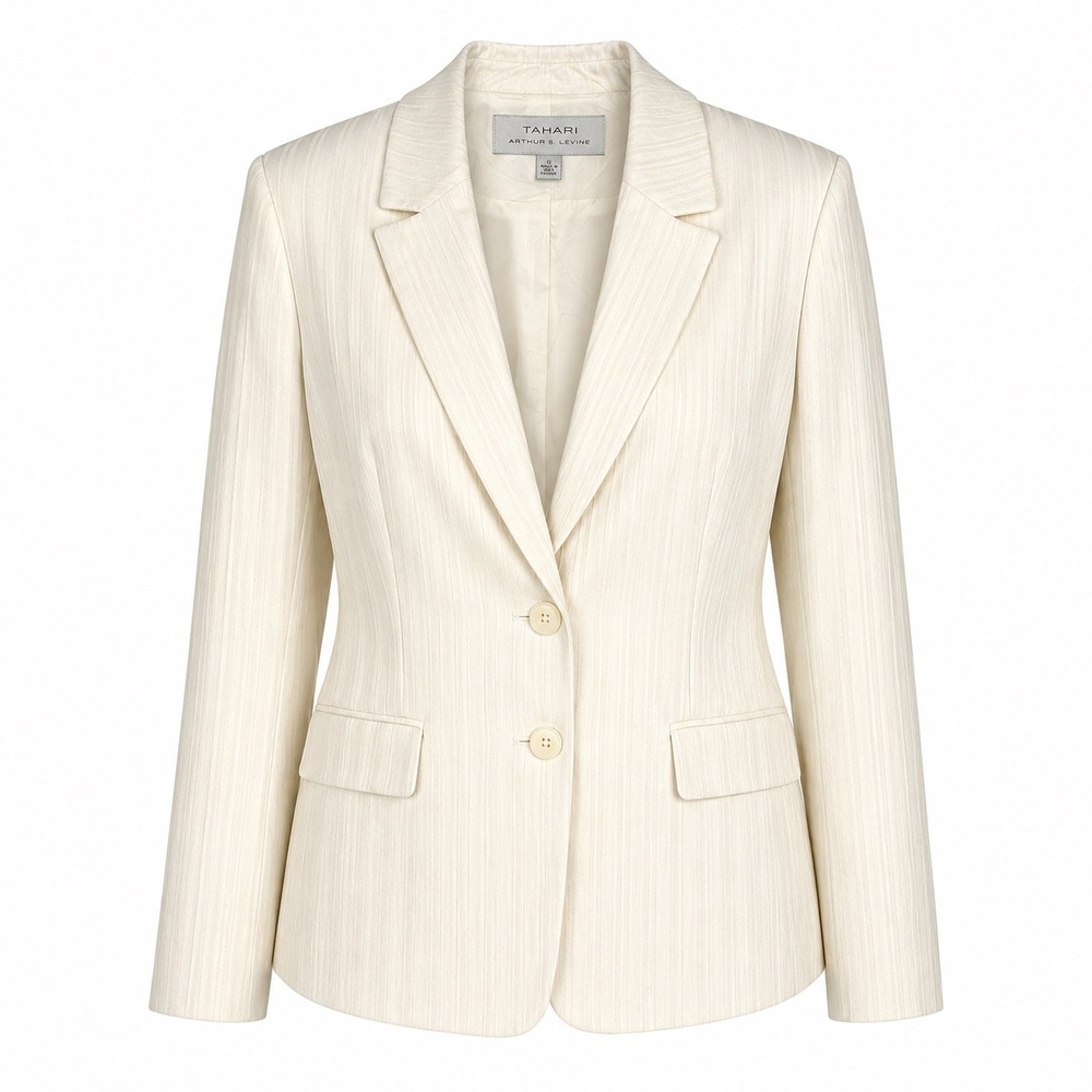 Tahari Arthur S Levine Blazer 10 Off White Textured Two Button Professional Chic